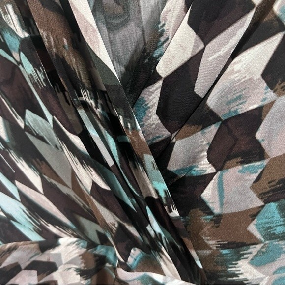 Flattering ruched brown tan and aqua wrap geometric print dress size 10 - Picture 5 of 8
